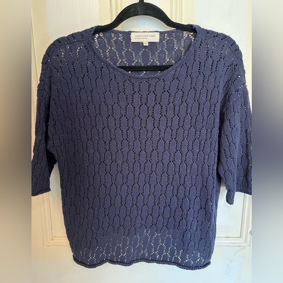 Jones New York Sport Navy Blue Knit Scoop Neck Top Large Petite - Picture 1 of 9